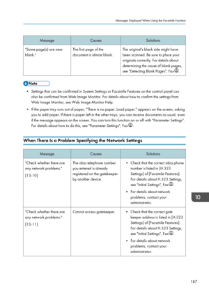 Page 197MessageCausesSolutions"Some page(s) are near
blank."The first page of the
document is almost blank.The original's blank side might have
been scanned. Be sure to place your
originals correctly. For details about
determining the cause of blank pages,
see "Detecting Blank Pages", Fax
.
• Settings that can be confirmed in System Settings or Facsimile Features on the control panel can also be confirmed from Web Image Monitor. For details about how to confirm the settings fromWeb Image...