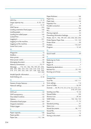 Page 244L
LAN-Fax.............................................................9, 19
Large capacity tray.................................. 8, 35, 135
LCT...................................................................... 8, 35
LDAP Server......................................................... 232
Loading orientation-fixed paper........................ 143
Loading paper..................................................... 121
Loading two-sided paper................................... 143
Locked...