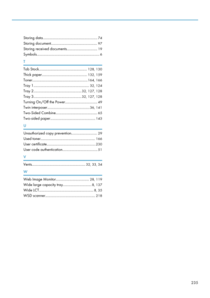 Page 245Storing data...........................................................74
Storing document.................................................. 97
Storing received documents................................. 19
Symbols.................................................................... 6
T
Tab Stock.................................................... 128, 130
Thick paper................................................. 132, 159
Toner............................................................ 164, 166
Tray...