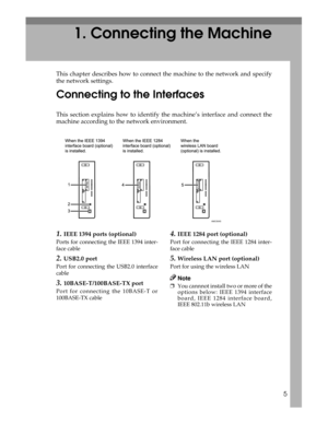 Page 135
1. Connecting the Machine
This chapter describes how to connect the machine to the network and specify
the network settings.
Connecting to the Interfaces
This section explains how to identify the machine’s interface and connect the
machine according to the network environment.
1.IEEE 1394 ports (optional)
Ports for connecting the IEEE 1394 inter-
face cable
2.USB2.0 port
Port for connecting the USB2.0 interface
cable
3.10BASE-T/100BASE-TX port
Port for connecting the 10BASE-T or
100BASE-TX cable
4.IEEE...