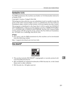 Page 299Information about Installed Software
291
9
Samba(Ver 3.0.4)
For SMB transmission, this machine uses Samba ver 3.0.4 (hereinafter referred to
as Samba 3.0.4).
Copyright © Andrew Tridgell 1994-1998
This program is free software; you can redistribute it and/or modify it under the
terms of the GNU General Public License as published by the Free Software
Foundation; either version 2 of the License, or (at your option) any later version.
This program is distributed in the hope that it will be useful, but...