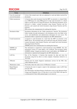 Page 31    Page 30 of 93 
Copyright (c) 2011 RICOH COMPANY, LTD. All rights reserved. 
Terms Definitions 
Users for stored and 
received documents A list of the normal users who are authorised to read and delete received fax 
documents. 
Folder transmission  A function that sends documents from the MFP via networks to a shared folder 
in an SMB Server by using SMB protocol or that sends documents to a shared 
folder in an FTP Server by using FTP protocol. The following documents can be 
delivered to folders:...