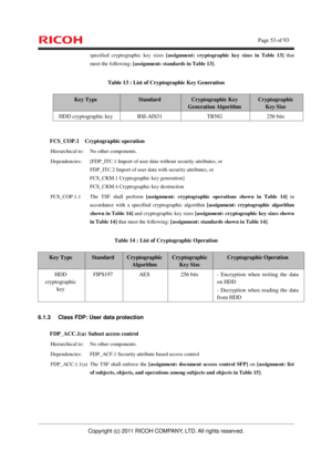 Page 54    Page 53 of 93 
Copyright (c) 2011 RICOH COMPANY, LTD. All rights reserved. 
specified cryptographic key sizes [assignment: cryptographic key sizes in Table 13] that 
meet the following: [assignment: standards in Table 13]. 
Table 13 : List of Cryptographic Key Generation 
Key Type Standard Cryptographic Key 
Generation Algorithm 
Cryptographic 
Key Size 
HDD cryptographic key  BSI-AIS31  TRNG  256 bits 
 
FCS_COP.1 Cryptographic operation 
Hierarchical to:  No other components. 
Dependencies:...