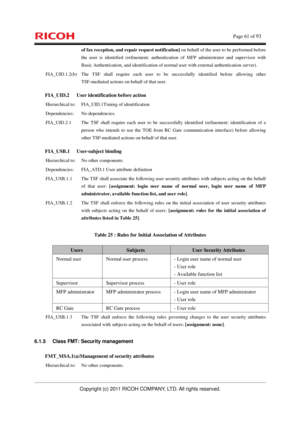 Page 62    Page 61 of 93 
Copyright (c) 2011 RICOH COMPANY, LTD. All rights reserved. 
of fax reception, and repair request notification] on behalf of the user to be performed before 
the user is identified (refinement: authentication of MFP administrator and supervisor with 
Basic Authentication, and identification of normal user with external authentication server). 
FIA_UID.1.2(b)  The TSF shall require each user to be successfully identified before allowing other 
TSF-mediated actions on behalf of that...