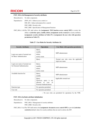 Page 64    Page 63 of 93 
Copyright (c) 2011 RICOH COMPANY, LTD. All rights reserved. 
FMT_MSA.1(b)Management of security attributes 
Hierarchical to:  No other components. 
Dependencies:  [FDP_ACC.1 Subset access control, or 
FDP_IFC.1 Subset information flow control] 
FMT_SMR.1 Security roles 
FMT_SMF.1 Specification of Management Function 
FMT_MSA.1.1(b)The TSF shall enforce the [assignment: TOE function access control SFP] to restrict the 
ability to [selection: query, modify, delete, [assignment: newly...