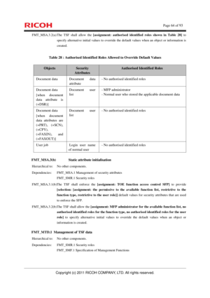 Page 65    Page 64 of 93 
Copyright (c) 2011 RICOH COMPANY, LTD. All rights reserved. 
FMT_MSA.3.2(a) The TSF shall allow the [assignment: authorised identified roles shown in Table 28] to 
specify alternative initial values to override the default values when an object or information is 
created. 
Table 28 : Authorised Identified Roles Allowed to Override Default Values 
Objects Security 
Attributes 
Authorised Identified Roles 
Document data  Document  data 
attribute - No authorised identified roles...