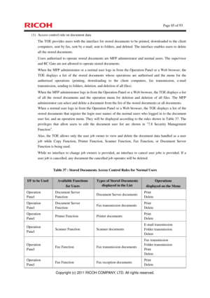 Page 86    Page 85 of 93 
Copyright (c) 2011 RICOH COMPANY, LTD. All rights reserved. 
(1)  Access control rule on document data 
The TOE provides users with the interface for stored documents to be printed, downloaded to the client 
computers, sent by fax, sent by e-mail, sent to folders, and deleted. The interface enables users to delete 
all the stored documents. 
Users authorised to operate stored documents are MFP administrator and normal users. The supervisor 
and RC Gate are not allowed to operate stored...