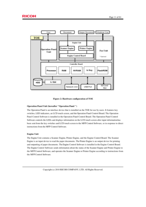 Page 11  Page 11 of 81 
Copyright (c) 2010 RICOH COMPANY, LTD. All Rights Reserved.   Engine UnitScanner EnginePrinter EngineFax UnitEngine Control BoardController BoardHDDRAMNVRAMIc KeyFlashROMProcessorIc HddUSB PortUserDocumentOutput DocumentTelephone LineOperation Panel 
UnitTOETOE
SD Card
SlotNetwork Unit* Optional
 
Figure 2: Hardware configuration of TOE 
Operation Panel Unit (hereafter Operation Panel ) 
The Operation Panel is an interface device that is installed on the TOE for use by users. It features...