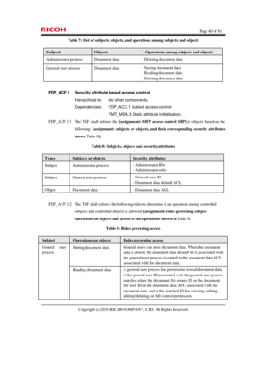 Page 40  Page 40 of 81 
Copyright (c) 2010 RICOH COMPANY, LTD. All Rights Reserved.  Table 7: List of subjects, objects, and operations among subjects and objects Subjects Objects Operations among subjects and objects Administrator process Document data Deleting document data General user process Document data Storing document data 
Reading document data 
Deleting document data  
FDP_ACF.1 Security attribute based access control 
Hierarchical to: No other components. 
Dependencies: FDP_ACC.1 Subset access...