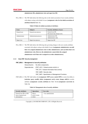 Page 45  Page 45 of 81 
Copyright (c) 2010 RICOH COMPANY, LTD. All Rights Reserved.  administrator IDs, administrator roles and supervisor ID]. 
 
FIA_USB.1.2 The TSF shall enforce the following rules on the initial association of user security attributes 
with subjects acting on the behalf of users: [assignment: rules for the initial association of 
attributes listed in Table 15]. 
Table 15: Rules for initial association of attributes Users Subjects Security attributes of users General user General user...