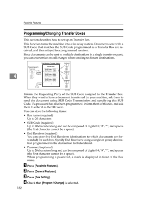 Page 192Facsimile Features
182
4
Programming/Changing Transfer Boxes
This section describes how to set up an Transfer Box.
This function turns the machine into a fax relay station. Documents sent with a
SUB Code that matches the SUB Code programmed as a Transfer Box are re-
ceived, and then relayed to a programmed receiver.
Since documents can be sent to multiple destinations in a single transfer request,
you can economize on call charges when sending to distant destinations.
Inform the Requesting Party of the...