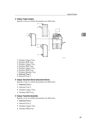 Page 59General Features
49
2
❖Output: Copier (copier)
Specify a tray to which documents are delivered.
1. Finisher Upper Tray
2. Finisher Shift Tray
3. Finisher Upper Tray
4. Finisher Shift Tray
5. Finisher Upper Tray
6. Finisher Shift Tray
7. Finisher Booklet Tray
8. Internal Tray 1
9. Internal Tray 2
❖Output: Document Server (Document Server)
Specify a tray to which documents are delivered.
Internal Tray 1
 Internal Tray 2
 Finisher Upper Tray
 Finisher Shift Tray
❖Output: Facsimile (facsimile)
Specify a...