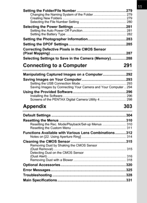Page 1311Setting the Folder/File Number .................................................279Changing the Naming System of the Folder .................................... 279
Creating New Folders ...................................................................... 279
Selecting the File Number Setting ................................................... 280
Selecting the Power Settings ....................................................281Setting the Auto Power Off...