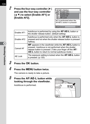 Page 126124
Shooting Functions4
2Press the four-way controller (5) 
and use the four-way controller 
(23) to select [Enable AF1] or 
[Enable AF2].
3Press the 4 button.
4Press the 3 button twice.
The camera is ready to take a picture.
5Press the =/L button while 
looking through the viewfinder.
Autofocus is performed.
Enable AF1Autofocus is performed by using the =/L button or 
the shutter release button. (default setting)
Enable AF2Autofocus is performed only when the =/L button is 
pressed and not when the...