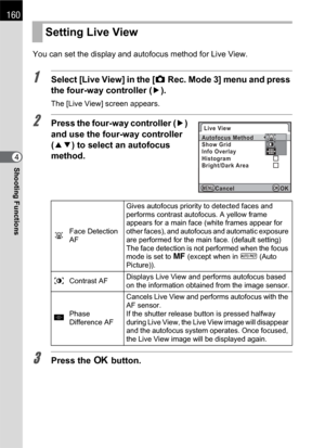 Page 162160
Shooting Functions4You can set the display and autofocus method for Live View.
1Select [Live View] in the [A Rec. Mode 3] menu and press 
the four-way controller (5).
The [Live View] screen appears.
2Press the four-way controller (5) 
and use the four-way controller 
(23) to select an autofocus 
method.
3Press the 4 button.
Setting Live View
IFace Detection 
AFGives autofocus priority to detected faces and 
performs contrast autofocus. A yellow frame 
appears for a main face (white frames appear for...