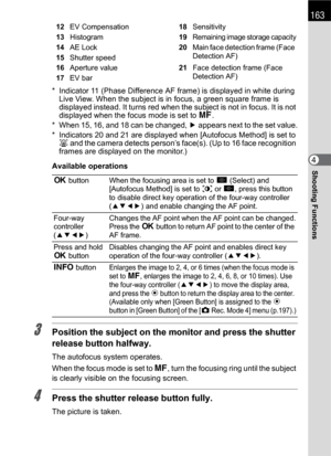 Page 165163
Shooting Functions4
* Indicator 11 (Phase Difference AF frame) is displayed in white during 
Live View. When the subject is in focus, a green square frame is 
displayed instead. It turns red when the subject is not in focus. It is not 
displayed when the focus mode is set to \.
* When 15, 16, and 18 can be changed, 5 appears next to the set value.
* Indicators 20 and 21 are displayed when [Autofocus Method] is set to 
I and the camera detects person’s face(s). (Up to 16 face recognition 
frames are...