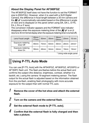 Page 183181
Using the Flash5
You can use [P-TTL Auto] with the AF540FGZ, AF360FGZ, AF200FG or 
AF160FC flash unit. The flash pre-flashes before the actual flash and 
confirms the subject (the distance, brightness, contrast, whether it is 
backlit, etc.) using the camera 16-segment metering sensor. The flash 
output for the actual flash is adjusted based on the information obtained 
from the pre-flash, enabling flash photography with more accurate 
exposure for the subject than with normal TTL auto.
1Remove the...