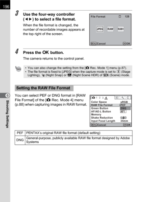 Page 198196
Shooting Settings6
3Use the four-way controller 
(45) to select a file format.
When the file format is changed, the 
number of recordable images appears at 
the top right of the screen.
4Press the 4 button.
The camera returns to the control panel.
You can select PEF or DNG format in [RAW 
File Format] of the [A Rec. Mode 4] menu 
(p.88) when capturing images in RAW format.
• You can also change the setting from the [A Rec. Mode 1] menu (p.87).
• The file format is fixed to [JPEG] when the capture...