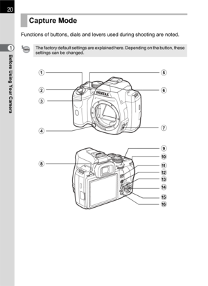 Page 2220
Before Using Your Camera1Functions of buttons, dials and levers used during shooting are noted.
Capture Mode
The factory default settings are explained here. Depending on the button, these 
settings can be changed.
3
4 1
7
0
d 6
9
8
e 5
2
a
b
c
f 