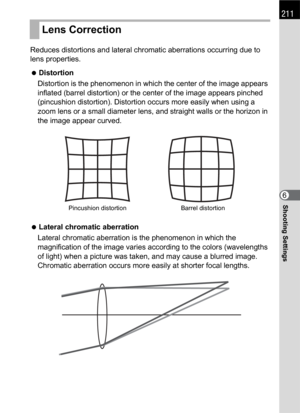 Page 213211
Shooting Settings6 Reduces distortions and lateral chromatic aberrations occurring due to 
lens properties.
 Distortion
Distortion is the phenomenon in which the center of the image appears 
inflated (barrel distortion) or the center of the image appears pinched 
(pincushion distortion). Distortion occurs more easily when using a 
zoom lens or a small diameter lens, and straight walls or the horizon in 
the image appear curved.
 Lateral chromatic aberration
Lateral chromatic aberration is the...