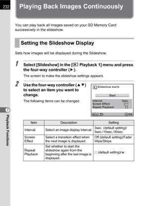 Page 234232
Playback Functions7
Playing Back Images Continuously
You can play back all images saved on your SD Memory Card 
successively in the slideshow.
Sets how images will be displayed during the Slideshow.
1Select [Slideshow] in the [QPlayback 1] menu and press 
the four-way controller (5).
The screen to make the slideshow settings appears.
2Use the four-way controller (23) 
to select an item you want to 
change.
The following items can be changed.
Setting the Slideshow Display
ItemDescriptionSetting...