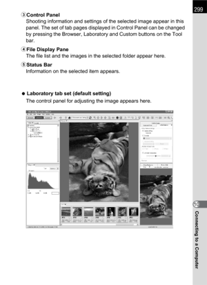Page 301299
Connecting to a Computer10 3Control Panel
Shooting information and settings of the selected image appear in this 
panel. The set of tab pages displayed in Control Panel can be changed 
by pressing the Browser, Laboratory and Custom buttons on the Tool 
bar.
4File Display Pane
The file list and the images in the selected folder appear here.
5Status Bar
Information on the selected item appears.
 Laboratory tab set (default setting)
The control panel for adjusting the image appears here. 