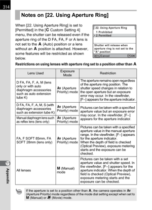 Page 316314
Appendix11When [22. Using Aperture Ring] is set to 
[Permitted] in the [ACustom Setting 4] 
menu, the shutter can be released even if the 
aperture ring of the D FA, FA, F or A lens is 
not set to the s (Auto) position or a lens 
without an s position is attached. However, 
some features will be restricted as shown 
below.
Restrictions on using lenses with aperture ring set to a position other than s
Notes on [22. Using Aperture Ring]
Lens UsedExposure 
ModeRestriction
D FA, FA, F, A, M (lens 
only...