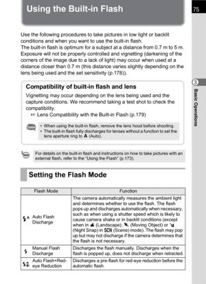 Page 7775
Basic Operations3
Using the Built-in Flash
Use the following procedures to take pictures in low light or backlit 
conditions and when you want to use the built-in flash.
The built-in flash is optimum for a subject at a distance from 0.7 m to 5 m. 
Exposure will not be properly controlled and vignetting (darkening of the 
corners of the image due to a lack of light) may occur when used at a 
distance closer than 0.7 m (this distance varies slightly depending on the 
lens being used and the set...