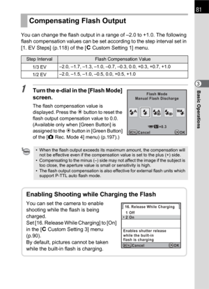 Page 8381
Basic Operations3 You can change the flash output in a range of –2.0 to +1.0. The following 
flash compensation values can be set according to the step interval set in 
[1. EV Steps] (p.118) of the [ACustom Setting 1] menu.
1Turn the e-dial in the [Flash Mode] 
screen.
The flash compensation value is 
displayed. Press the | button to reset the 
flash output compensation value to 0.0. 
(Available only when [Green Button] is 
assigned to the | button in [Green Button] 
of the [A Rec. Mode 4] menu)...