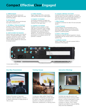 Page 5CompactEffectiveClearEngaged
Facilitate two-way discussions and 
brainstorming sessions among smaller 
groups or bring a presentation to your 
customer’s location to demonstrate 
a product or service. The PJ Series 
projectors are ideal for easy portability, 
setup and fast breakdown.Enhance the power of executive 
speeches, keynote addresses, lectures 
or award ceremonies to large groups of 
100 or more.
One-Way PresentationsTraining VenuesInteractive Meetings
Convey your video and/or PowerPoint...
