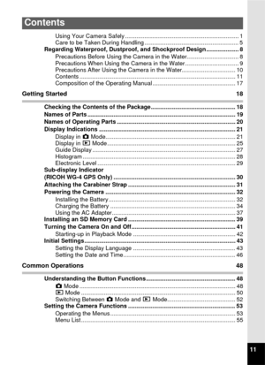 Page 1311
Using Your Camera Safely ...................................................................... 1
Care to be Taken During Handling .......................................................... 5
Regarding Waterproof, Dustproof, and Shockproof Design .................... 8
Precautions Before Using the Camera in the Water................................ 8
Precautions When Using the Camera in the Water ................................. 9
Precautions After Using the Camera in the...