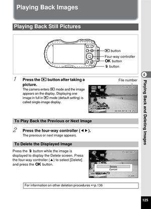 Page 127125
4Playing Back and Deleting Images
Playing Back Images
1Press the Q button after taking a 
picture.
The camera enters  Q mode and the image 
appears on the display. Displaying one 
image in full in  Q mode (default setting) is 
called single-image display.
2Press the four-way controller ( 45).
The previous or next image appears.
Press the i button while the image is 
displayed to display the Delete screen. Press 
the four-way controller ( 2) to select [Delete] 
and press the  4 button.
Playing Back...