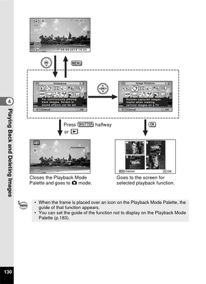 Page 132130
4Playing Back and Deleting Images
• When the frame is placed over an icon on the Playback Mode Palette, the guide of that function appears.
• You can set the guide of the function not to display on the Playback Mode  Palette (p.183).
OKMENU
1/2
OKMENU
Image Rotation1/2Slideshow
101 0 0-0030 0 3
8100-
0038
3 838
EditE d i tEdit
OK
Cancel
Rotates captured images.
Useful when viewing
vertical images on a TV
OK
Cancel
14:251 4 : 2 504/04/20140 4 / 0 4 / 2 0 1 414:25
04/04/2014
OKMENU
For continuously...