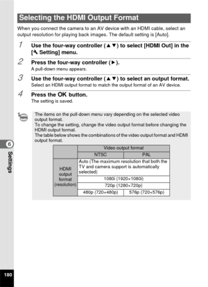 Page 182180
6Settings
When you connect the camera to an AV device with an HDMI cable, select an 
output resolution for playing back images. The default setting is [Auto].
1Use the four-way controller (23) to select [HDMI Out] in the 
[W  Setting] menu.
2Press the four-way controller ( 5).
A pull-down menu appears.
3Use the four-way controller (23) to select an output format.Select an HDMI output format to match the output format of an AV device.
4Press the 4 button.The setting is saved.
Selecting the HDMI Output...