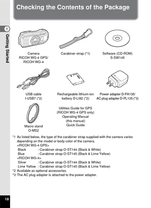 Page 2018
Getting Started1
Checking the Contents of the Package
*1 As listed below, the type of the carabiner strap supplied with the camera varies depending on the model or body color of the camera.

 Black : Carabiner strap O-ST144 (Black & White)
 Blue : Carabiner strap O-ST145 (Black & Lime Yellow)

 Silver : Carabiner strap O-ST144 (Black & White)
 Lime Yellow : Carabiner strap O-ST145 (Black & Lime Yellow)
*2 Available as optional accessories.
*3 The AC plug adapter is attached to the power adapter....