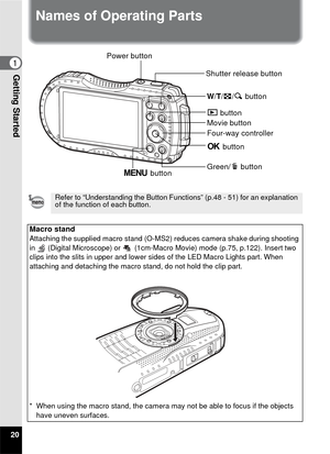 Page 2220
Getting Started1
Names of Operating Parts
Refer to “Understanding the Button Functions” (p.48 - 51) for an explanation 
of the function of each button.
Macro standAttaching the supplied macro stand (O-MS2) reduces camera shake during shooting 
in   (Digital Microscope) or  (1cm-Macro Movie) mode (p.75, p.122). Insert two 
clips into the slits in upper and lower sides of the LED Macro Lights part. When 
attaching and detaching the macro stand, do not hold the clip part.
* When using the macro stand,...