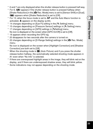 Page 2523
1Getting Started
* 6 and 7 are only displayed when the shutter release button is pressed half-way.
* For 8, M appears if the shutter release button is pressed halfway when 
[Shake Reduction] in the [ A Rec. Mode] menu is set to [Sensor Shift] or [Dual]. 
l  appears when [Shake Reduction] is set to [Off].
* For 13, when the focus mode is set to  = and the Auto Macro function is 
activated,  q appears on the display (p.84).
* 14 changes depending on [Eye-Fi] setting in the [ W Setting] menu.
* 15...