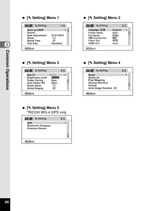 Page 6260
2Common OperationsMENUExit
Sound
Date Adjustment
01/01/2014
World Time Alarm
Standard
Text Size
Setting1/5Save as USER
 
[W Setting] Menu 1  [W Setting] Menu 2
  [W Setting] Menu 3
MENUExit
Video Out
HDMI Out Folder Name
File Name
Date
Auto
NTSCUSB ConnectionMSC
Setting2/5LanguageEnglish
RIMG
MENUExit
Quick Zoom
Guide Display
5sec.
Auto Power Off3min.Power SavingBrightness Level
Setting3/5Ey e-Fi
  [W Setting] Menu 4
MENUExit
Pixel Mapping Delete All Setting
4/5
Format
Startup Shortcut
Auto Image...