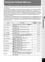 Page 125123
3Taking Pictures
Saving the Settings (Memory)
The Memory function is for saving the current camera settings when the camera 
is turned off.
For some camera settings, the Memory function is always set to O (On) (the settings 
are saved when the camera is turned off), while for others you can choose O or P (Off) (to choose whether the settings are saved or not when the camera is turned off). 
The items which can be set to O or P in the Memory function are shown in the table 
below. (Items not listed...