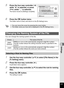 Page 179177
6Settings
5Press the four-way controller (4) 
while “A” is selected, or press 
(35) while “_” is selected.
The frame moves to [Settings complete].
6Press the  4 button twice.
The folder name is fixed, and returns to the [ W Setting] menu.
You can change the naming system of the file.
1Use the four-way controller ( 23) to select [File Name] in the 
[W  Setting] menu.
2Press the four-way controller ( 5).A pull-down menu appears.
3Use the four-way controller (23) to select the rule for naming 
files....