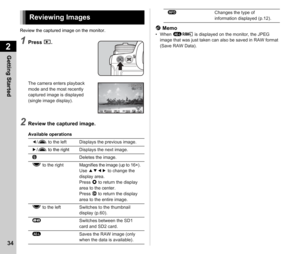 Page 362Getting Started
34
Review the captured image on the monitor.
1Press B.
The camera enters playback 
mode and the most recently 
captured image is displayed 
(single image display).
2Review the captured image.
Available operations
t Memo• When  Hv  is displayed on the monitor, the JPEG 
image that was just taken can also be saved in RAW format 
(Save RAW Data).
Reviewing Images
C /Q  to the left Displays the previous image.
D /Q  to the right Displays the next image.
L Deletes the image.
R  to the right...