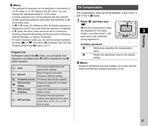 Page 393Shooting
37
t Memo• The settings for exposure can be specified in increments of 
1/3 EV steps. In [1. EV Steps] of the  E1 menu, you can 
change the adjustment steps to 1/2 EV steps.
• A proper exposure may not be obtained with the selected  shutter speed and aperture value when the sensitivity is set 
to the fixed value.
•In  L or  N mode, the difference from the proper exposure is 
displayed in the EV bar scale while the exposure is adjusted.
•In  M mode, the drive mode cannot be set to Continuous...