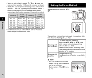 Page 443Shooting
42
• When the built-in flash is used in I, K  or L  mode, any 
desired shutter speed of 1/180 seconds or slower can be set.
• The built-in flash is optimum for a subject at a distance from  approx. 0.7 m to 5 m. Vignetting may occur when used at a 
distance closer than 0.7 m (this distance varies slightly 
depending on the lens being used and the sensitivity setting).
• For details on using an external flash, refer to “Functions  when Using an External Flash” (p.84). Set the focus mode switch...