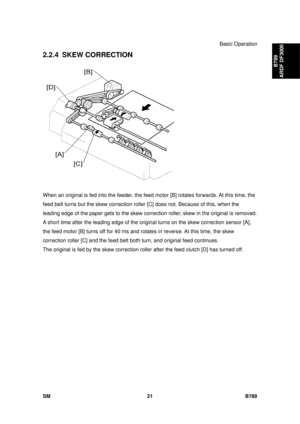 Page 1145Basic Operation 
SM 21 B789 
B789 
ARDF DF3000 
2.2.4 SKEW CORRECTION 
 
When an original is fed into t he feeder, the feed motor [B] rotate s forwards. At this time, the 
feed belt turns but the skew correction rolle r [C] does not. Because of this, when the 
leading edge of the paper gets to the skew correction roller, skew in the original is removed. 
A short time after the leading edge of the origin al turns on the skew correction sensor [A], 
the feed motor [B] turns off for 40 ms and ro tates in...