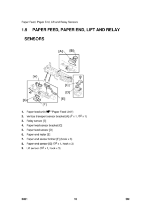 Page 1302Paper Feed, Paper End, Lift and Relay Sensors 
B801 10  SM 
1.9  PAPER FEED, PAPER END, LIFT AND RELAY SENSORS 
 
1.  Paper feed unit (
 Paper Feed Unit) 
2.  Vertical transport sensor bracket [A] (
 x 1,  x 1) 
3.  Relay sensor [B] 
4.  Paper feed sensor bracket [C] 
5.  Paper feed sensor [D] 
6.  Paper end feeler [E] 
7.  Paper end sensor holder [F] (hook x 3) 
8.  Paper end sensor [G] (
 x 1, hook x 3) 
9.  Lift sensor (
 x 1, hook x 3)  