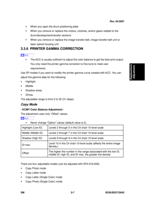 Page 157 
SM 3-7 B230/B237/D042 
Replacement 
Adjustment 
ƒ  When you open the dr um positioning plate 
ƒ  When you remove or replace the motors , clutches, and/or gears related to the 
drum/development/transfer sections 
ƒ  When you remove or replace the image  transfer belt, image transfer belt unit or 
laser optical housing unit 
3.3.6 PRINTER GA MMA CORRECTION 
 
ƒ  The ACC is usually sufficient to adjust the color balance to get the best print output. 
You only need the printer gamma correction to fine-tune...