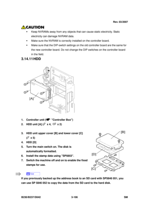 Page 256 
B230/B237/D042 3-106 SM 
 
ƒ  Keep NVRAMs away from any objects that  can cause static electricity. Static 
electricity can damage NVRAM data. 
ƒ  Make sure the NVRAM is correctly  installed on the controller board.   
ƒ  Make sure that the DIP-switch settings on the old controller board are the same for  the new controller board. Do not change  the DIP switches on the controller board 
in the field. 
3.14.11 HDD 
 
1.  Controller unit (
 Controller Box) 
2.  HDD unit [A] (
 x 4,  x 2)   
3.  HDD unit...