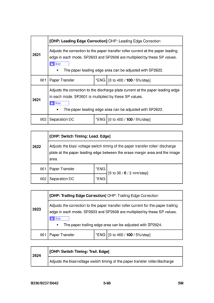 Page 486 
B230/B237/D042 5-98 SM 
[OHP: Leading Edge Correction] OHP: Leading Edge Correction 
2621  Adjusts the correction to the paper transfer roller current at the paper leading 
edge in each mode. SP2603 and SP2608 are multiplied by these SP values. 
 
ƒ  The paper leading edge area can be adjusted with SP2622. 
001 Paper Transfer  *ENG [0 to 400 / 100 / 5%/step] 
2621   Adjusts the correction to the discharge 
plate current at the paper leading edge 
in each mode. SP2601 is multiplied by these SP values....