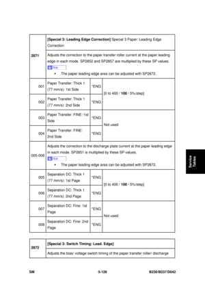 Page 517 
SM 5-129 B230/B237/D042 
Service 
Tables 
[Special 3: Leading Edge Correction]  Special 3 Paper: Leading Edge 
Correction 
2871   Adjusts the correction to the paper transfer roller current at the paper leading 
edge in each mode. SP2852 and SP2857 are multiplied by these SP values. 
 
ƒ  The paper leading edge area can be adjusted with SP2872. 
001  Paper Transfer: Thick 1 
(77 mm/s): 1st Side  *ENG
002 Paper Transfer: Thick 1 
(77 mm/s): 2nd Side  *ENG[0 to 400 / 
100 / 5%/step] 
003  Paper Transfer:...