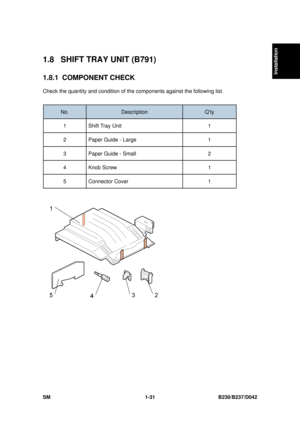 Page 63  
SM 1-31 B230/B237/D042 
Installation 
1.8  SHIFT TRAY UNIT (B791) 
1.8.1 COMPONENT CHECK 
Check the quantity and condition of the components against the following list. 
 
No. Description Q’ty 
1 Shift Tray Unit  1 
2  Paper Guide - Large 1 
3  Paper Guide - Small 2 
4 Knob Screw 1 
5 Connector Cover 1 
 
  